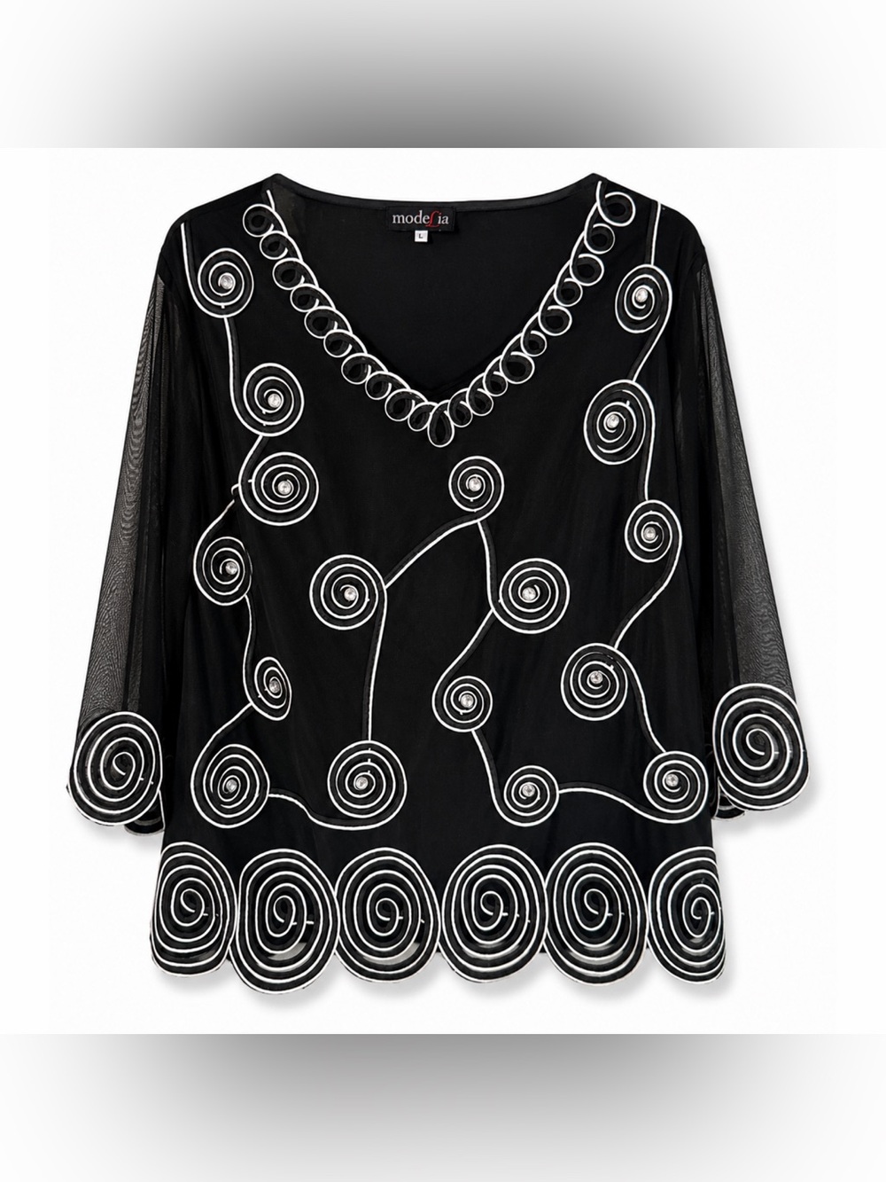 ModeLia Black Sheer Embroidered Rhinestone Blouse L • Mesh Sleeve Tunic Top